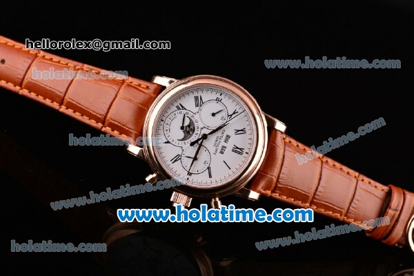 Patek Philippe Complications Asia Automatic Rose Gold Case with Brown Leather Strap Roman Numeral Markers and White Dial - Click Image to Close